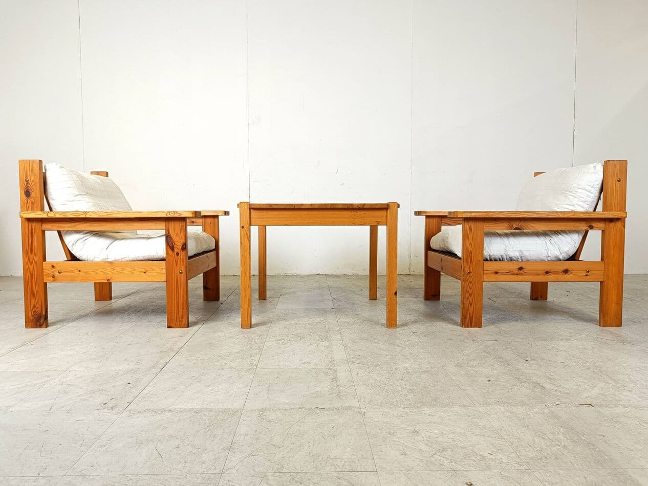 Zestaw czterech foteli wypoczynkowych, sosna, bawełna beżowa, Dania, lata 80. - 271946