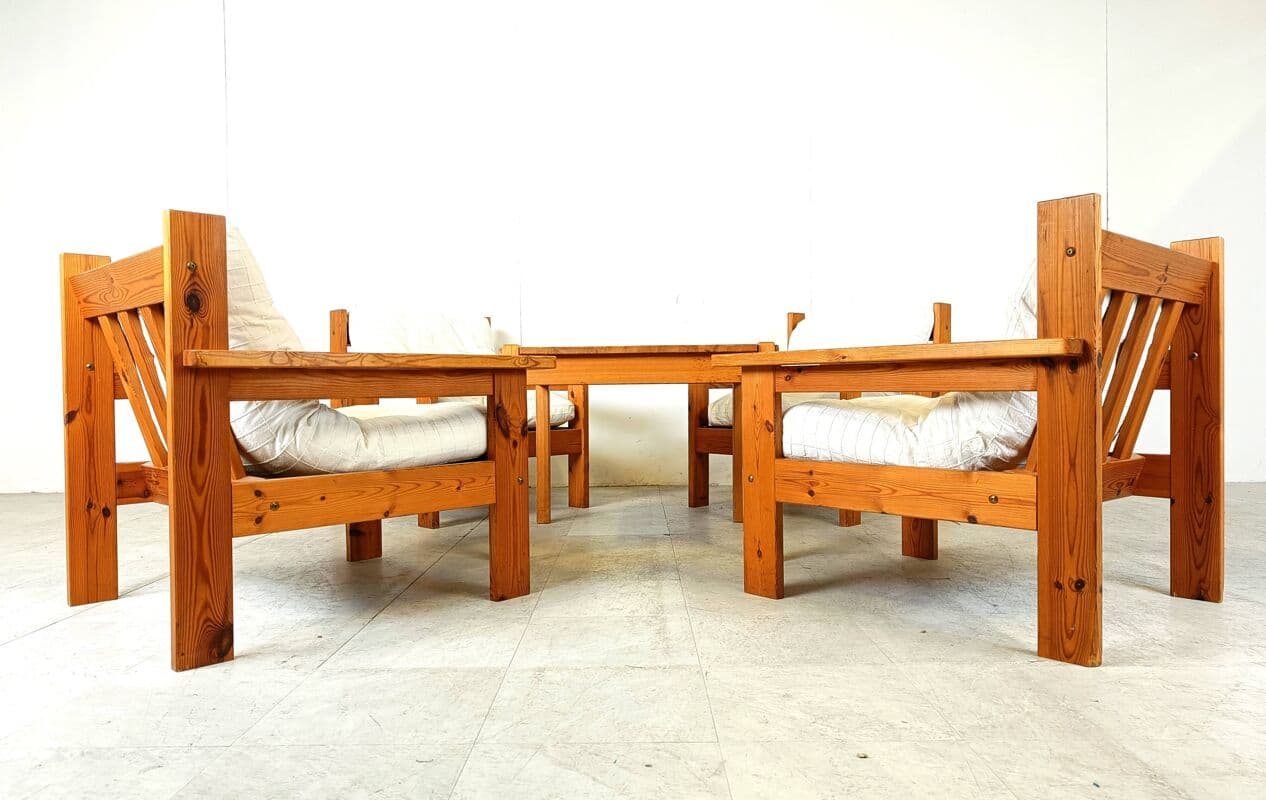 Zestaw czterech foteli wypoczynkowych, sosna, bawełna beżowa, Dania, lata 80. - 271954