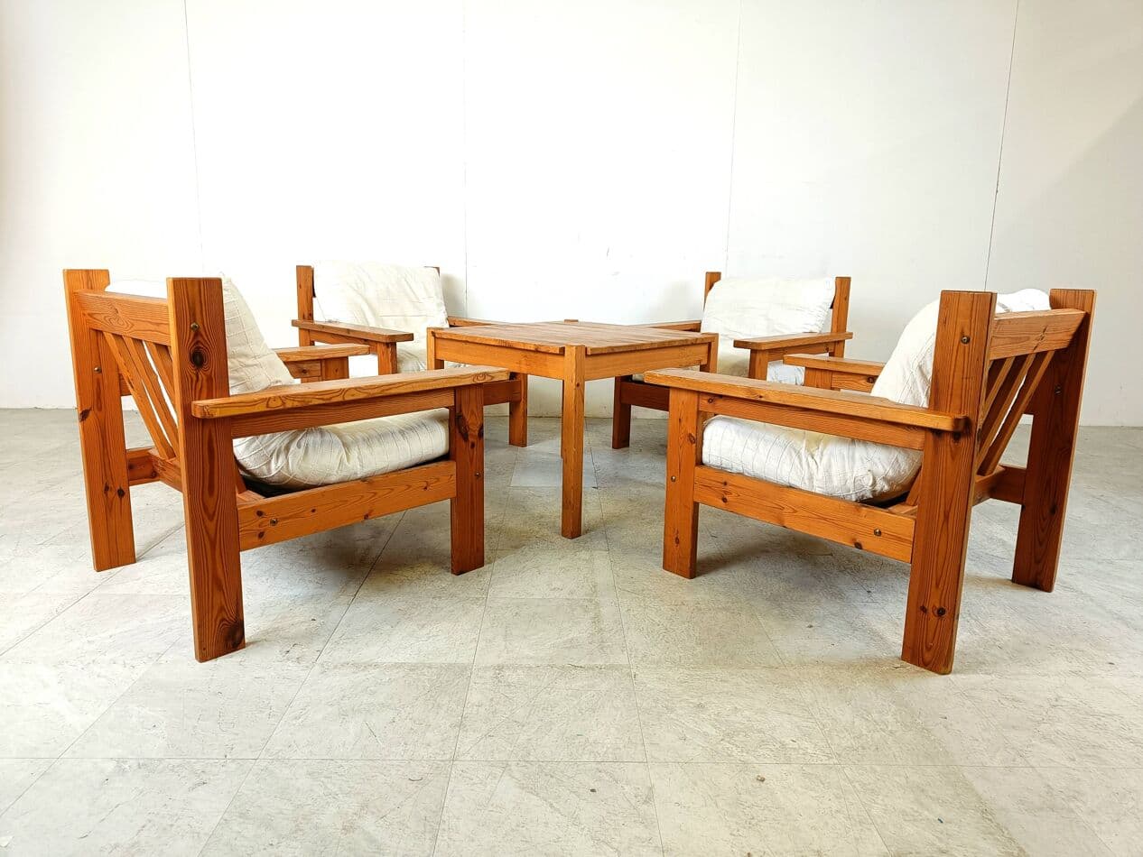 Zestaw czterech foteli wypoczynkowych, sosna, bawełna beżowa, Dania, lata 80. - 271951