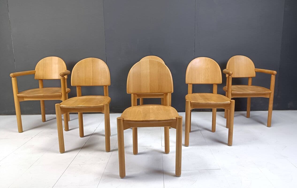 Zestaw sześciu krzeseł jadalnianych, sosna brązowy, proj. R. Daumiller, Hirtshals Savvaerk, Dania, lata 80. - 271906