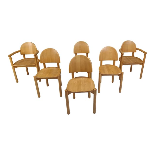 Zestaw sześciu krzeseł jadalnianych, sosna brązowy, proj. R. Daumiller, Hirtshals Savvaerk, Dania, lata 80. - WYMIARY