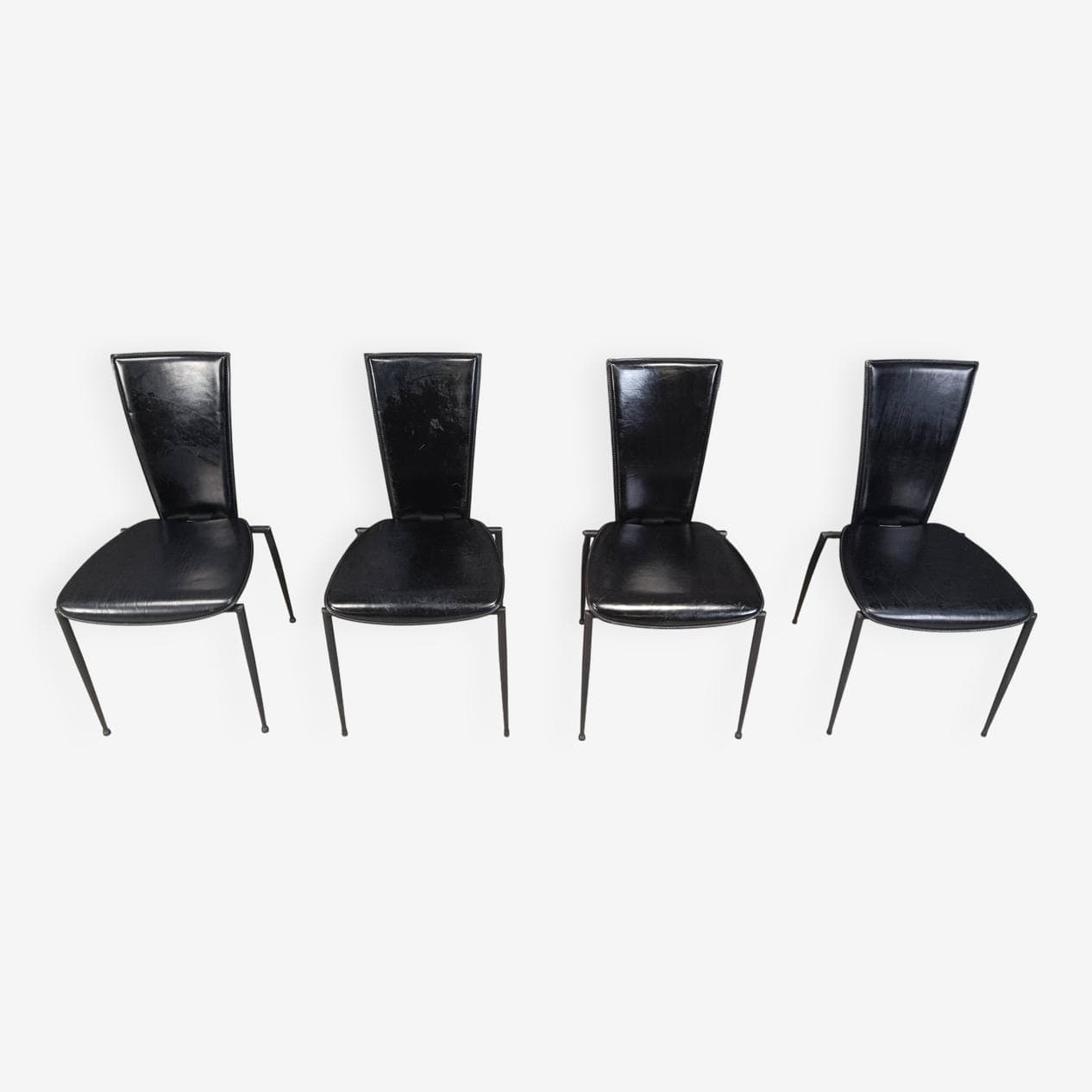 Set of four dining chairs, Postmodernism, black leather, black metal, Italy, 1980s. - 271869