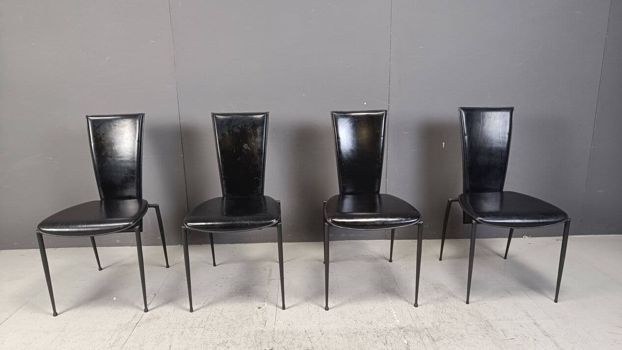 Set of four dining chairs, Postmodernism, black leather, black metal, Italy, 1980s. - 271871
