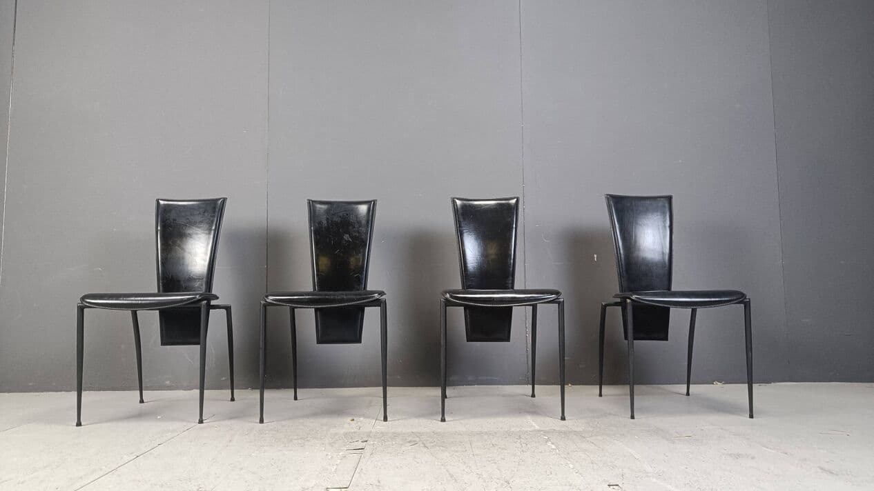 Set of four dining chairs, Postmodernism, black leather, black metal, Italy, 1980s. - 271874