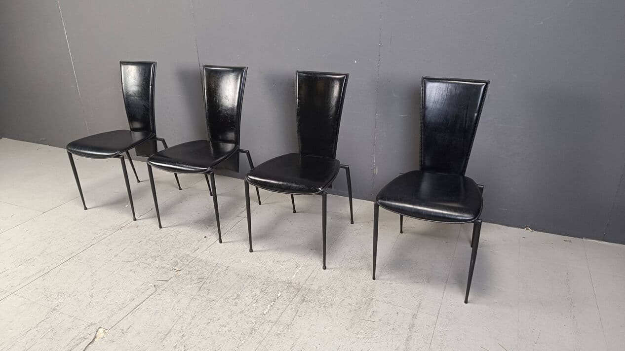 Set of four dining chairs, Postmodernism, black leather, black metal, Italy, 1980s. - 271875