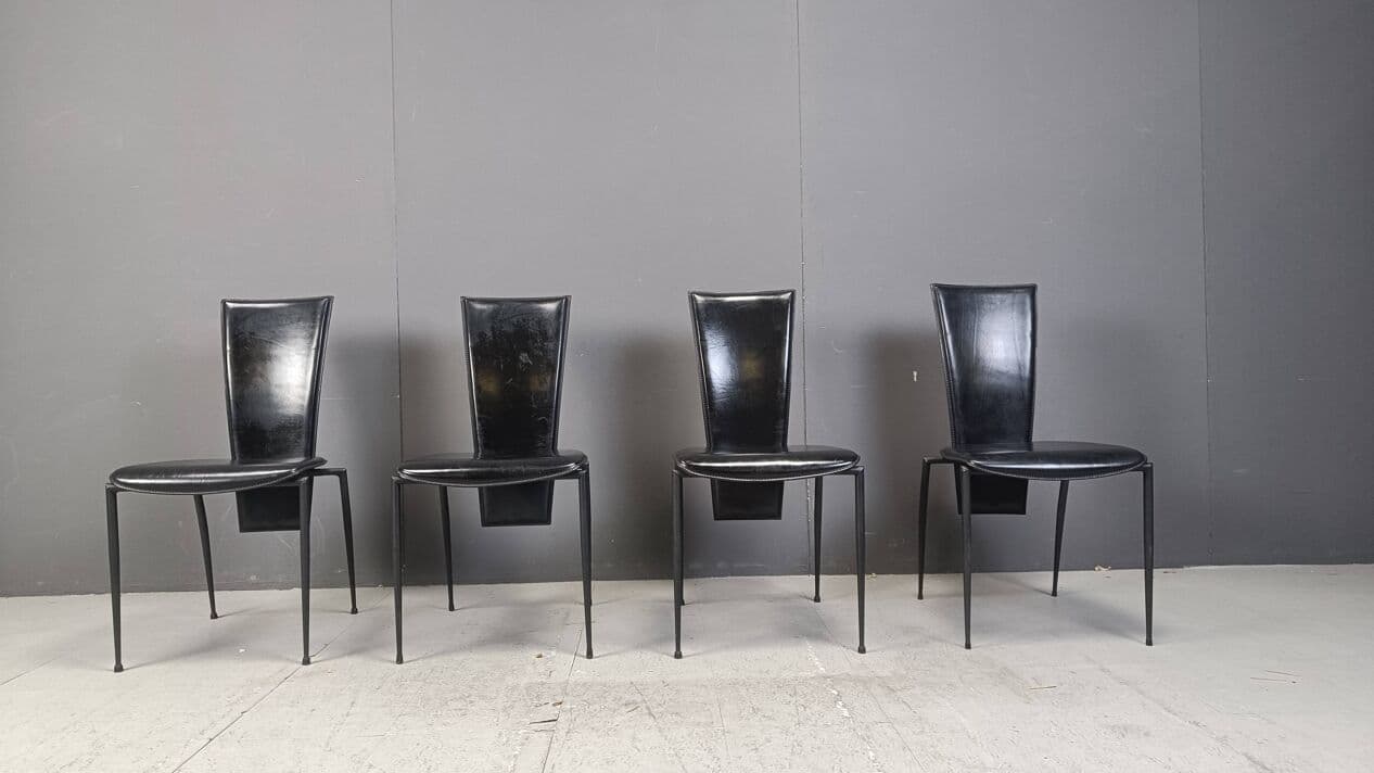 Set of four dining chairs, Postmodernism, black leather, black metal, Italy, 1980s. - 271873