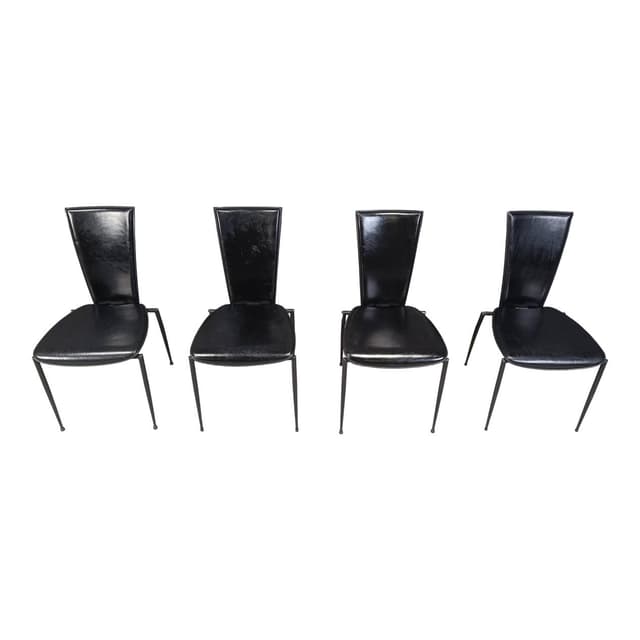 Set of four dining chairs, Postmodernism, black leather, black metal, Italy, 1980s. - DIMENSION