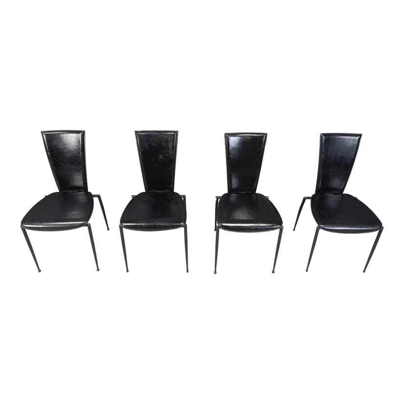 Set of four dining chairs, Postmodernism, black leather, black metal, Italy, 1980s.