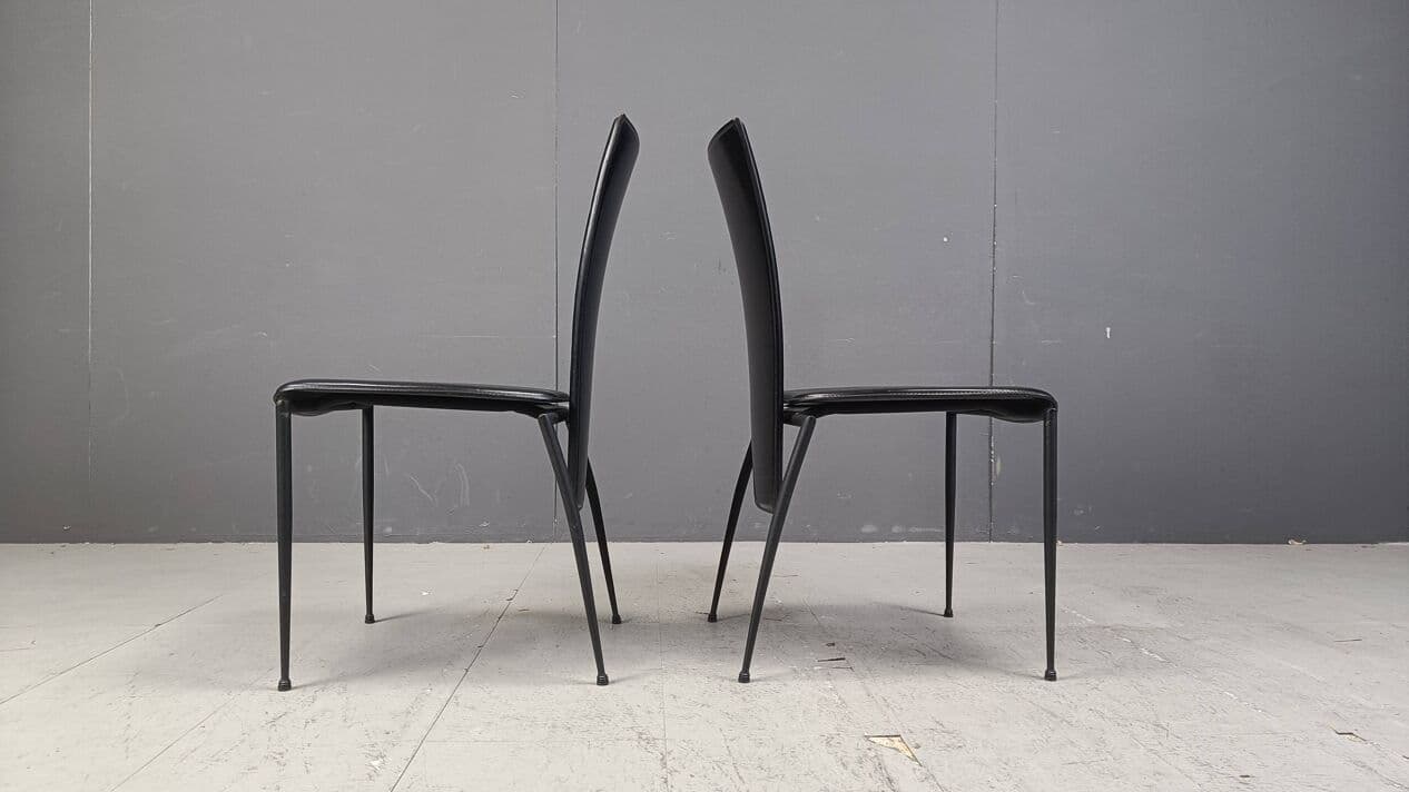 Set of four dining chairs, Postmodernism, black leather, black metal, Italy, 1980s. - 271867