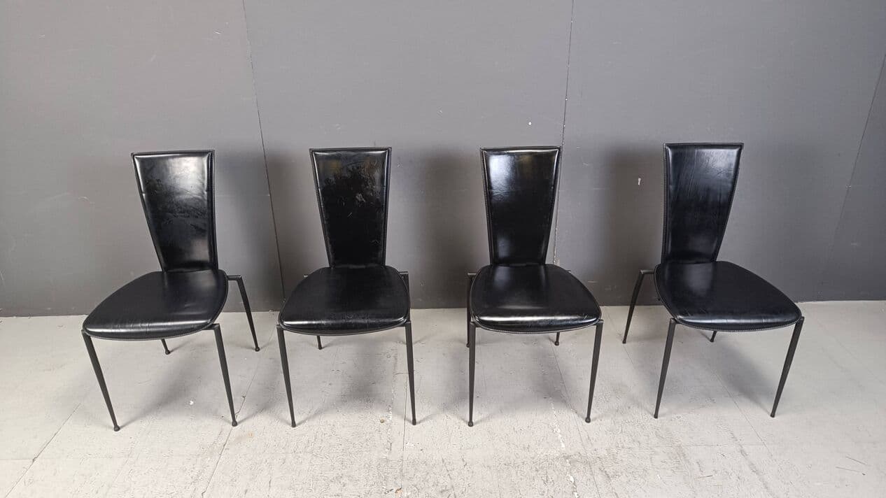 Set of four dining chairs, Postmodernism, black leather, black metal, Italy, 1980s. - 271870