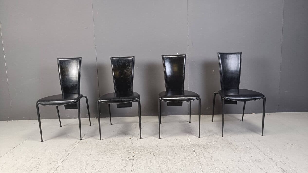 Set of four dining chairs, Postmodernism, black leather, black metal, Italy, 1980s. - 271872