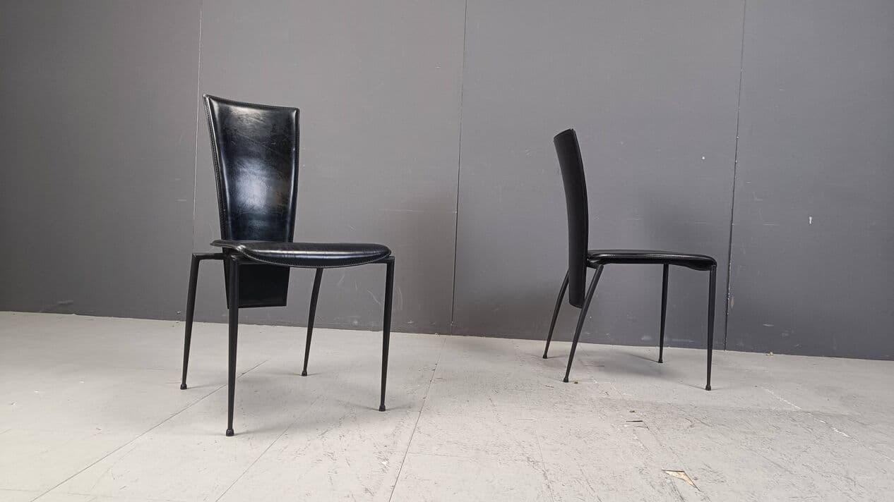 Set of four dining chairs, Postmodernism, black leather, black metal, Italy, 1980s. - 271865