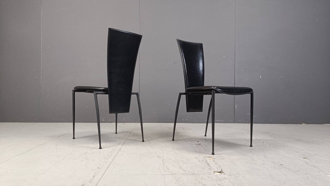 Set of four dining chairs, Postmodernism, black leather, black metal, Italy, 1980s. - 271868