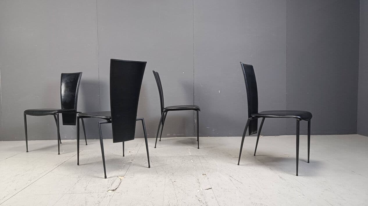 Set of four dining chairs, Postmodernism, black leather, black metal, Italy, 1980s. - 271864
