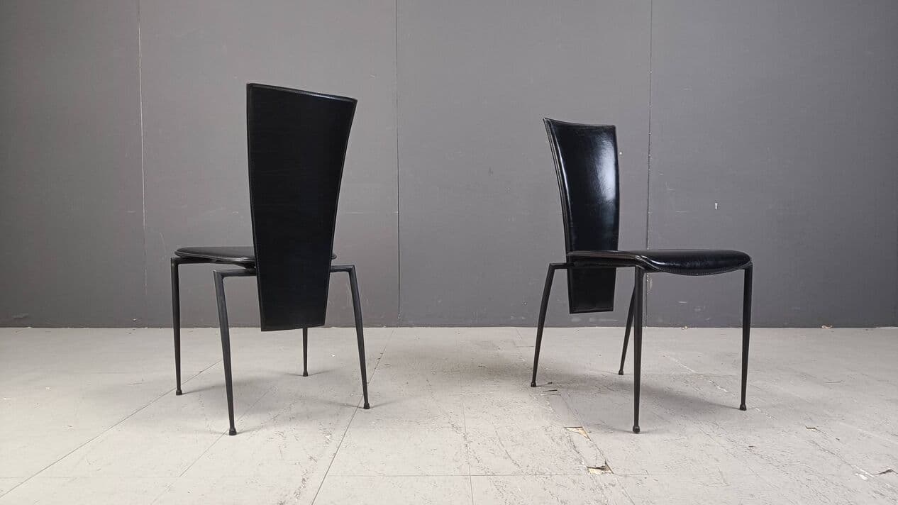 Set of four dining chairs, Postmodernism, black leather, black metal, Italy, 1980s. - 271866