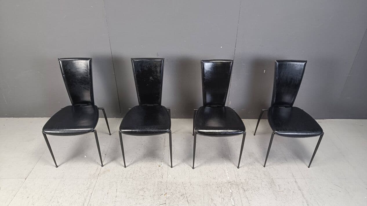 Set of four dining chairs, Postmodernism, black leather, black metal, Italy, 1980s. - 271863