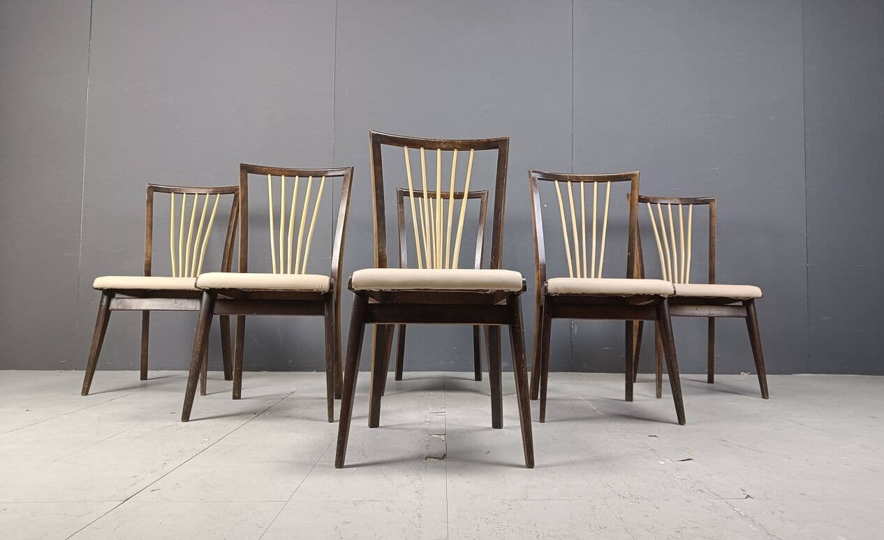 Set of six dining chairs, beige faux leather, wood, Italy, 1950s. - 271857