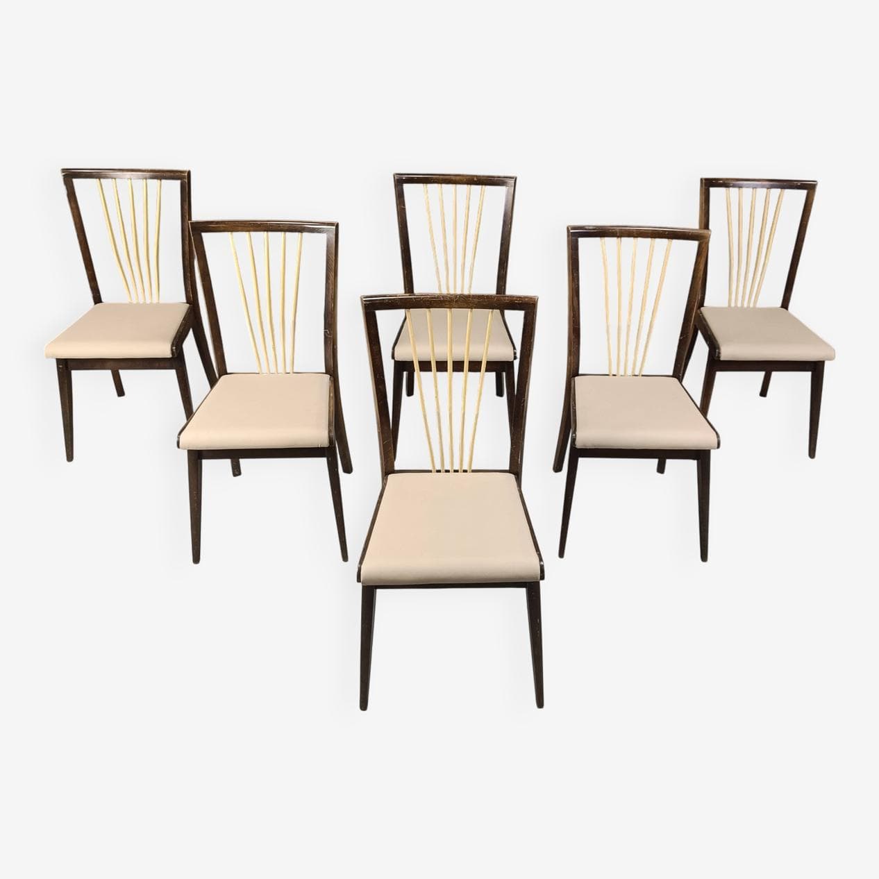 Set of six dining chairs, beige faux leather, wood, Italy, 1950s. - 271853