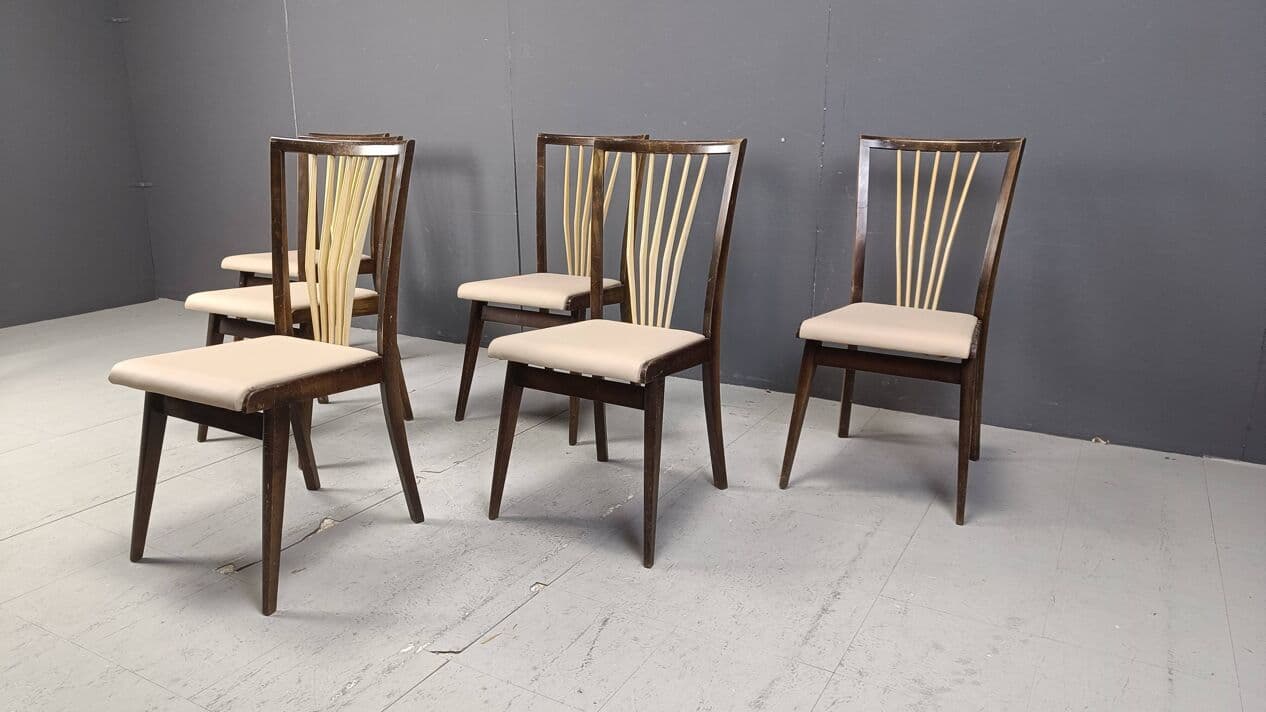 Set of six dining chairs, beige faux leather, wood, Italy, 1950s. - 271859