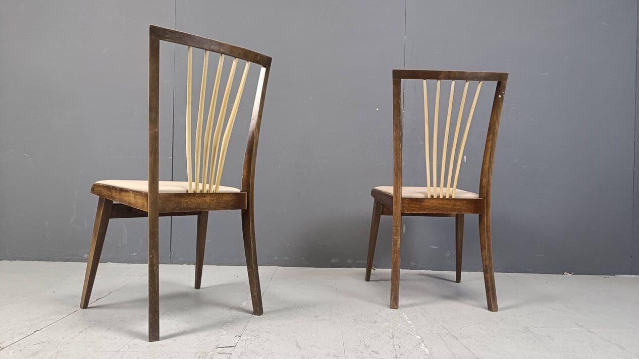 Set of six dining chairs, beige faux leather, wood, Italy, 1950s. - 271860