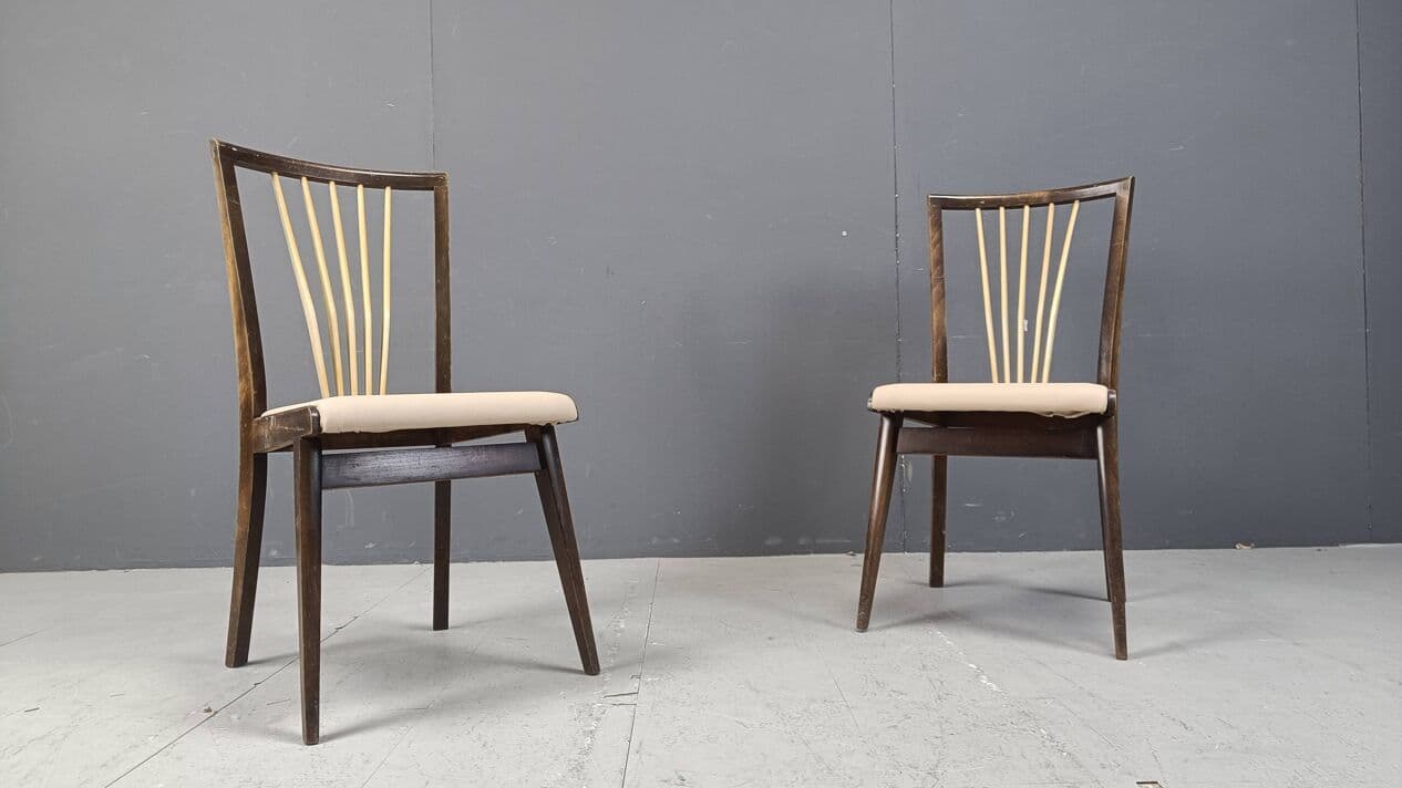 Set of six dining chairs, beige faux leather, wood, Italy, 1950s. - 271850