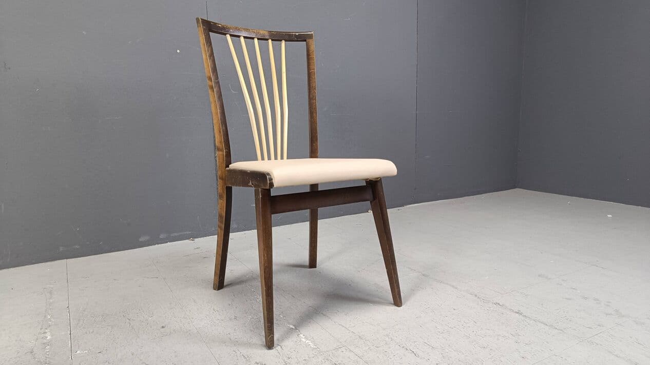 Set of six dining chairs, beige faux leather, wood, Italy, 1950s. - 271852