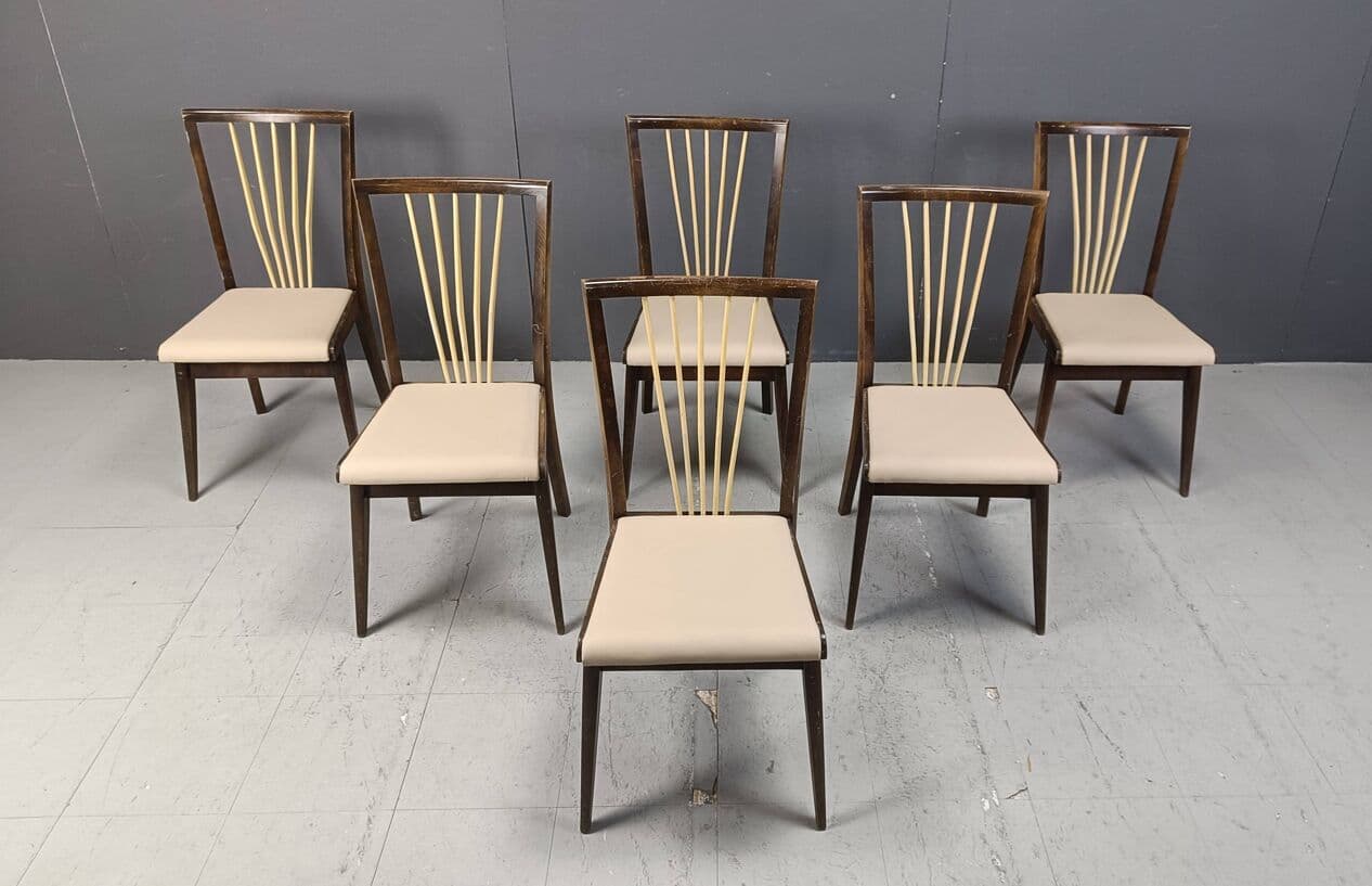 Set of six dining chairs, beige faux leather, wood, Italy, 1950s. - 271847