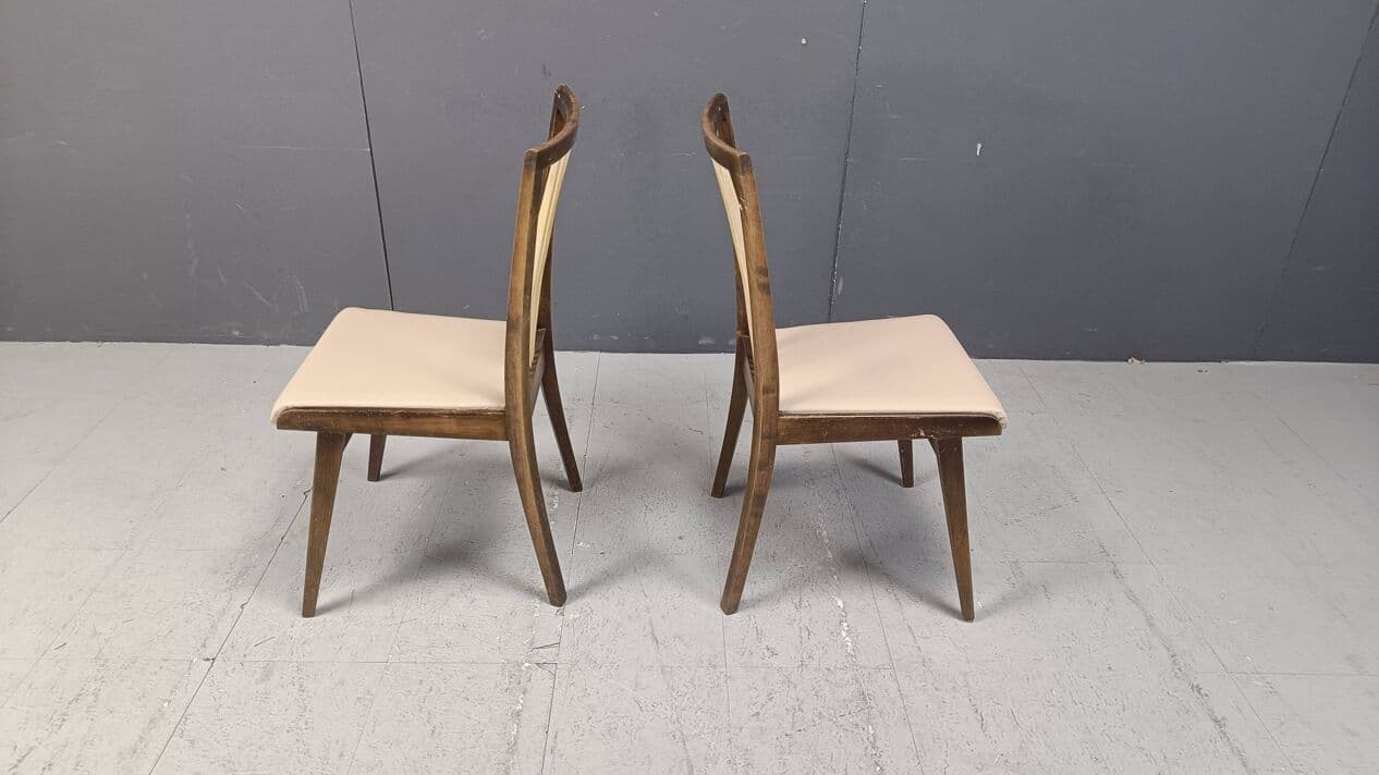 Set of six dining chairs, beige faux leather, wood, Italy, 1950s. - 271861