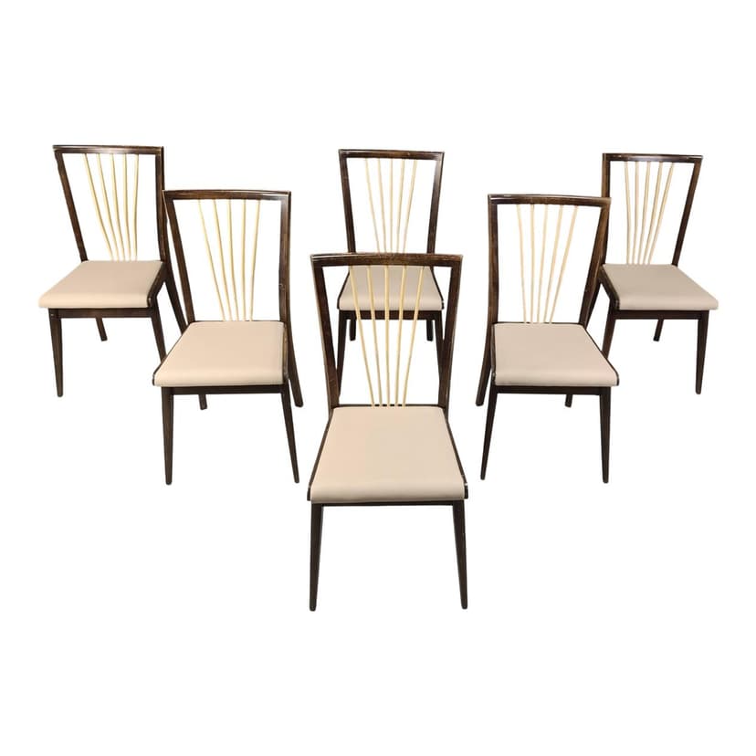 Set of six dining chairs, beige faux leather, wood, Italy, 1950s.