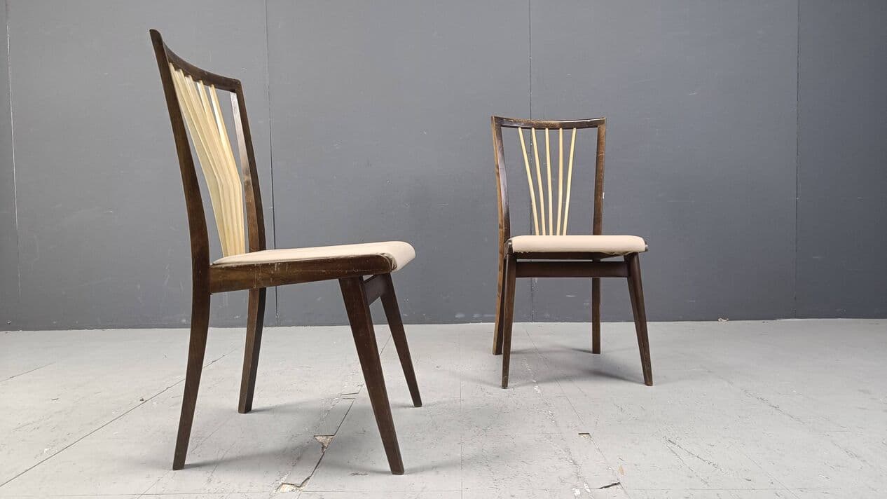 Set of six dining chairs, beige faux leather, wood, Italy, 1950s. - 271851
