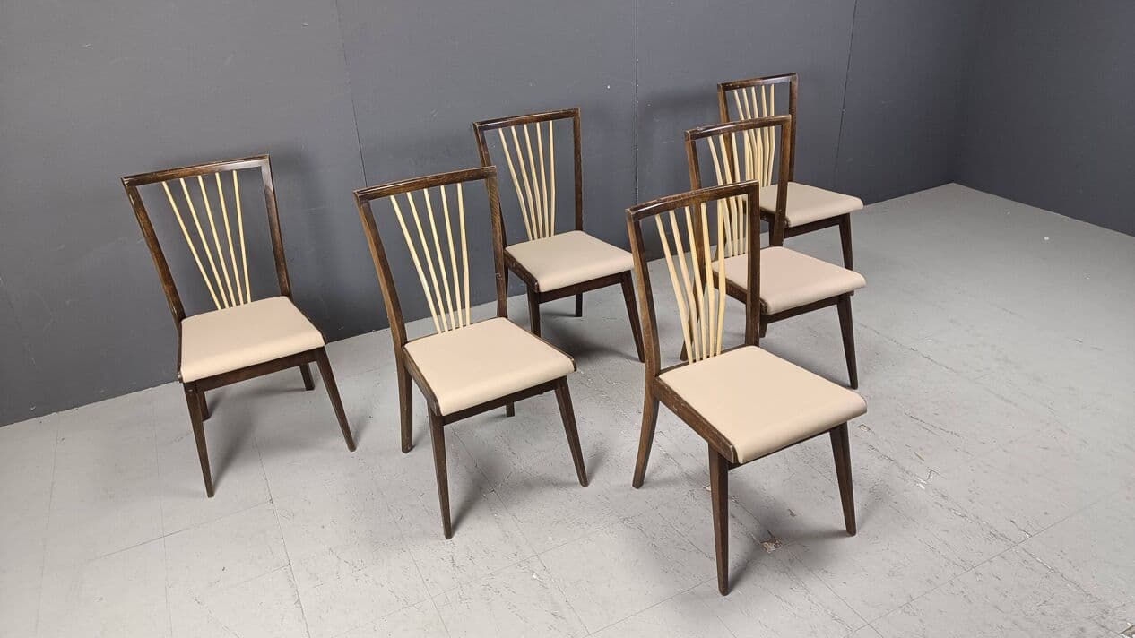 Set of six dining chairs, beige faux leather, wood, Italy, 1950s. - 271858