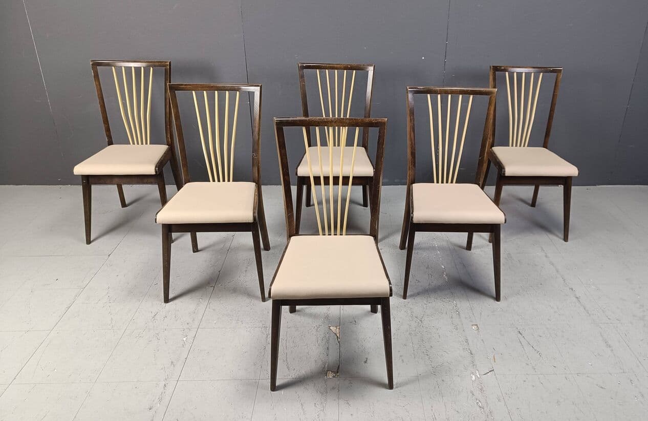 Set of six dining chairs, beige faux leather, wood, Italy, 1950s. - 271854