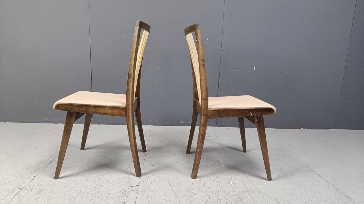 Set of six dining chairs, beige faux leather, wood, Italy, 1950s. - 271848