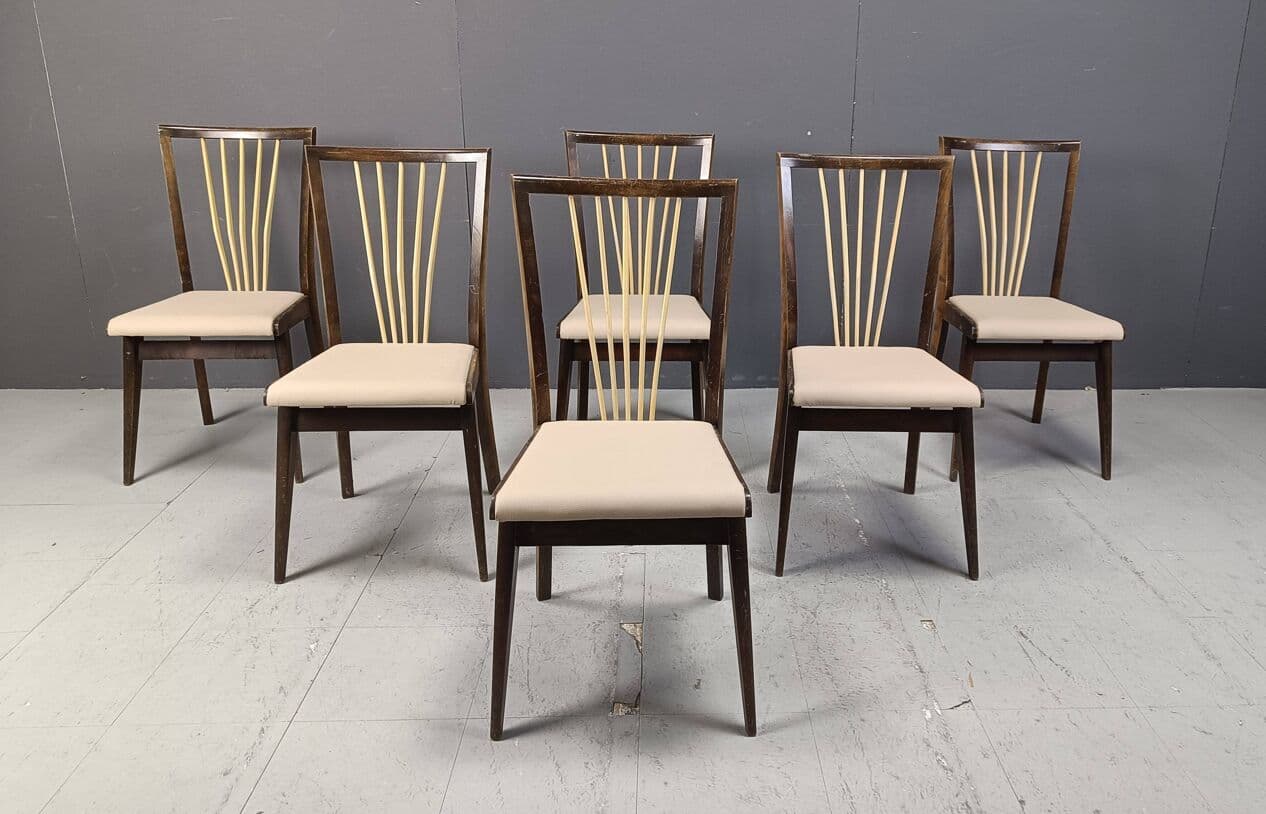 Set of six dining chairs, beige faux leather, wood, Italy, 1950s. - 271855
