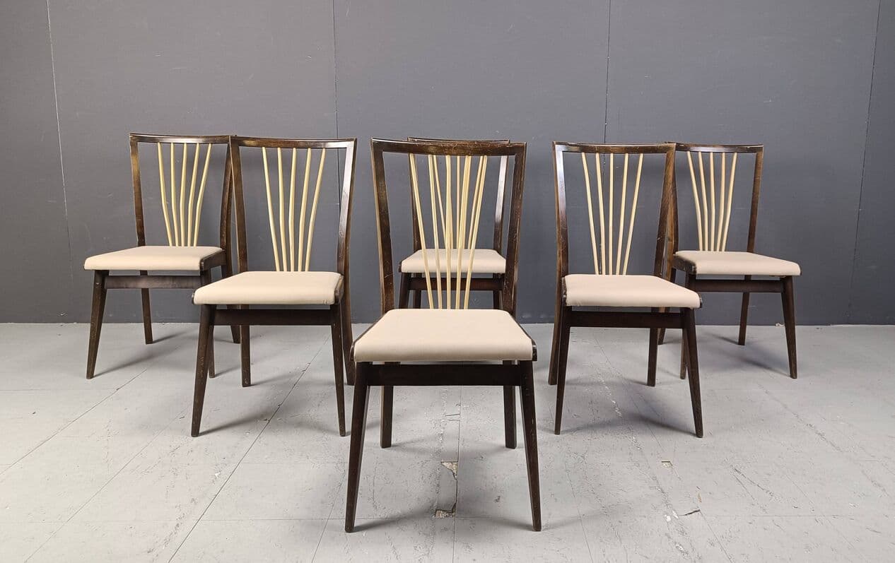 Set of six dining chairs, beige faux leather, wood, Italy, 1950s. - 271856