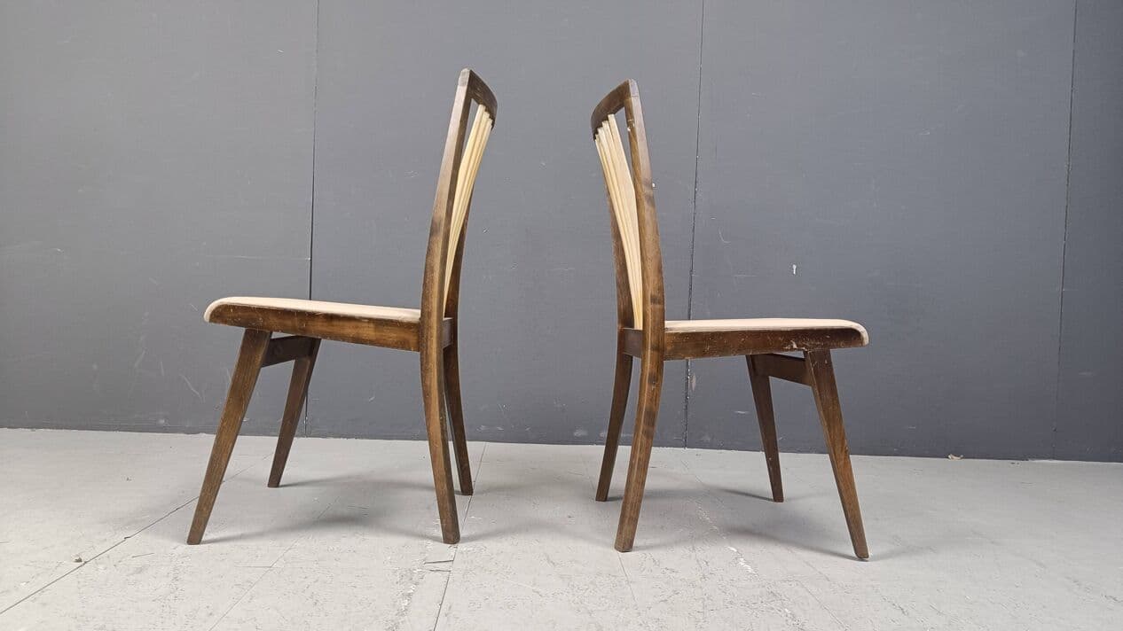 Set of six dining chairs, beige faux leather, wood, Italy, 1950s. - 271849