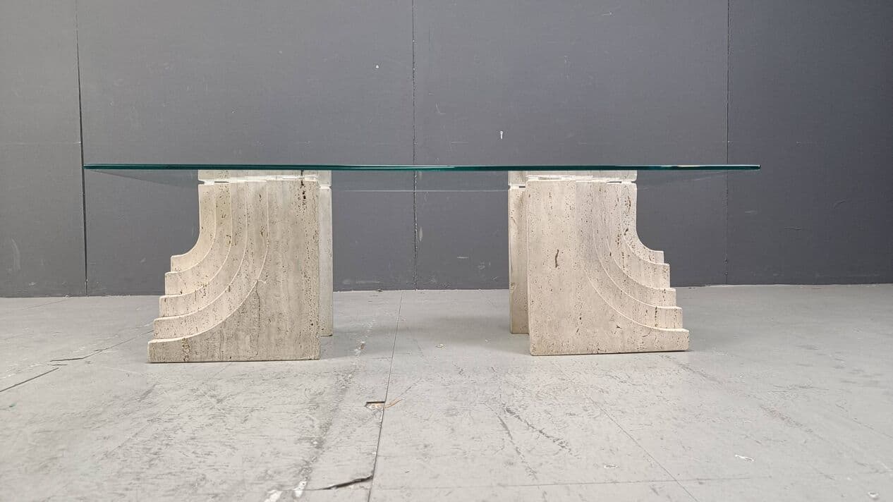 Coffee table, beige travertine, glass, Italy, 1970s. - 271826