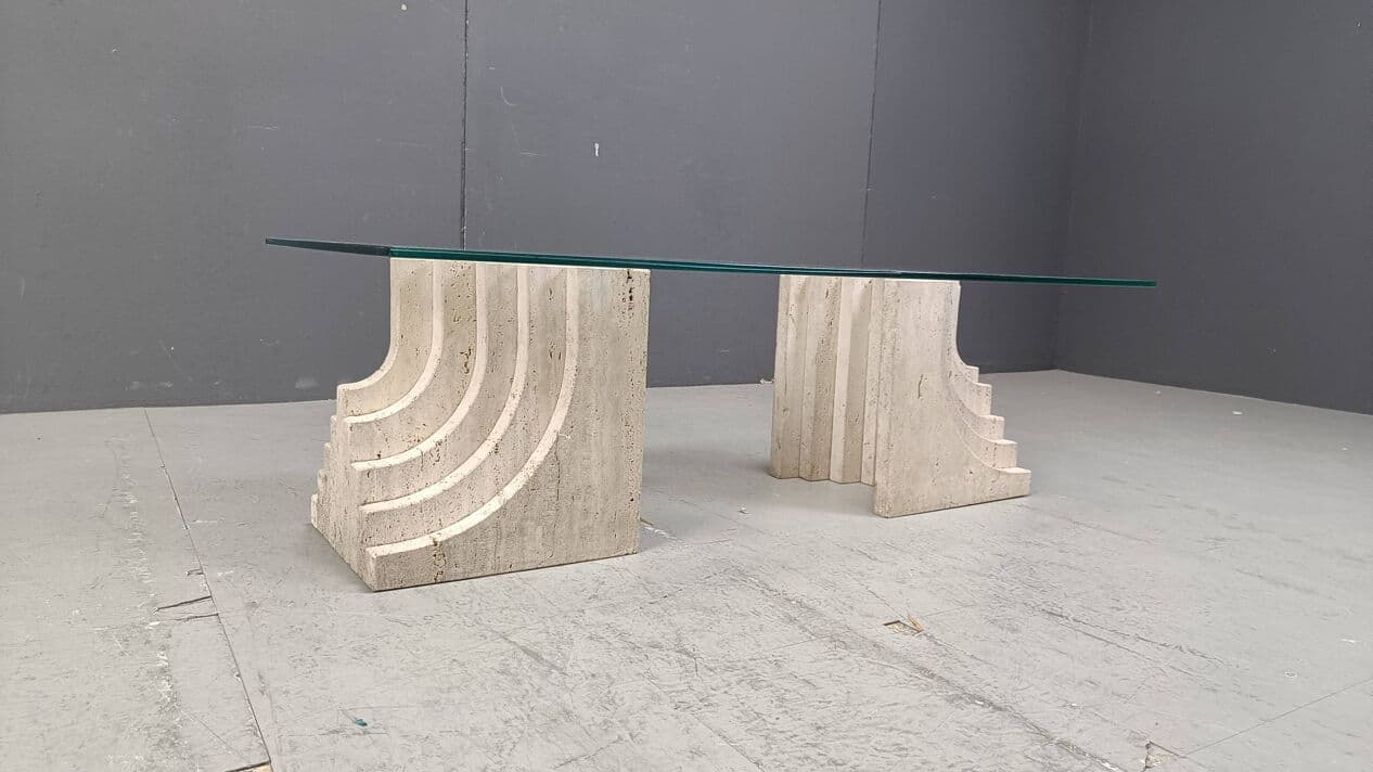 Coffee table, beige travertine, glass, Italy, 1970s. - 271830