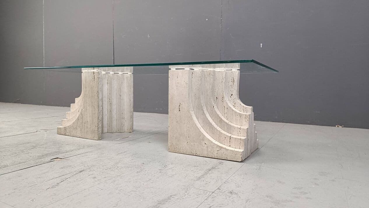 Coffee table, beige travertine, glass, Italy, 1970s. - 271833