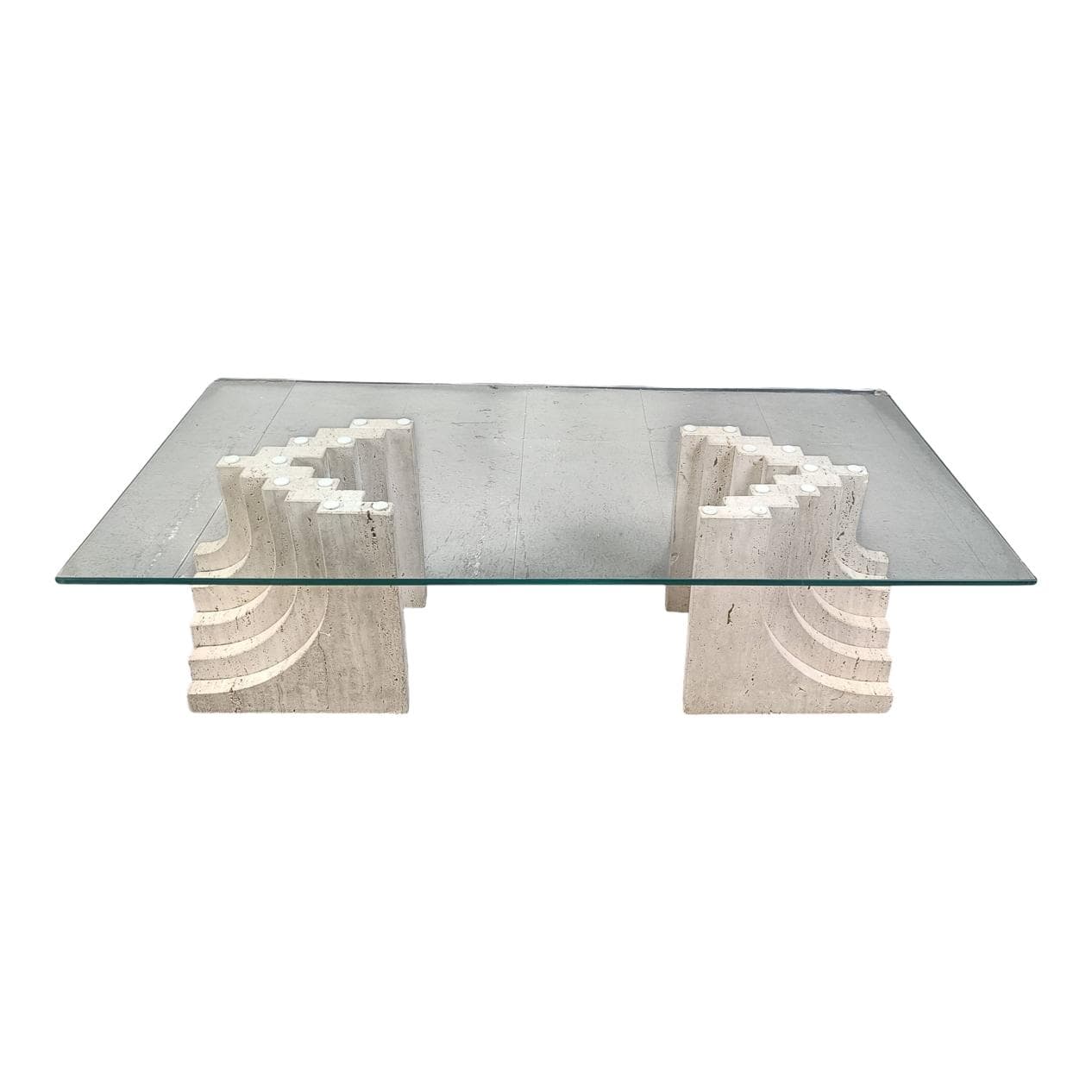 Coffee table, beige travertine, glass, Italy, 1970s.