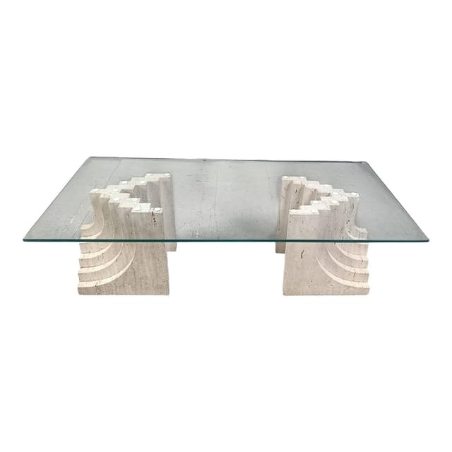 Coffee table, beige travertine, glass, Italy, 1970s. - DIMENSION