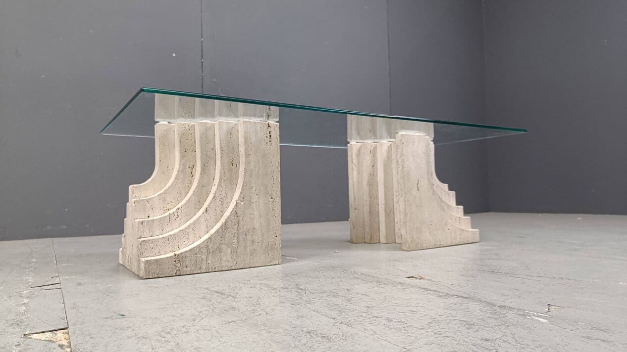 Coffee table, beige travertine, glass, Italy, 1970s. - 271831