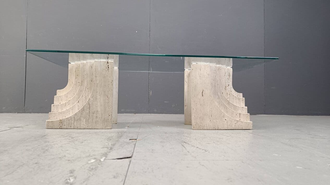 Coffee table, beige travertine, glass, Italy, 1970s. - 271827