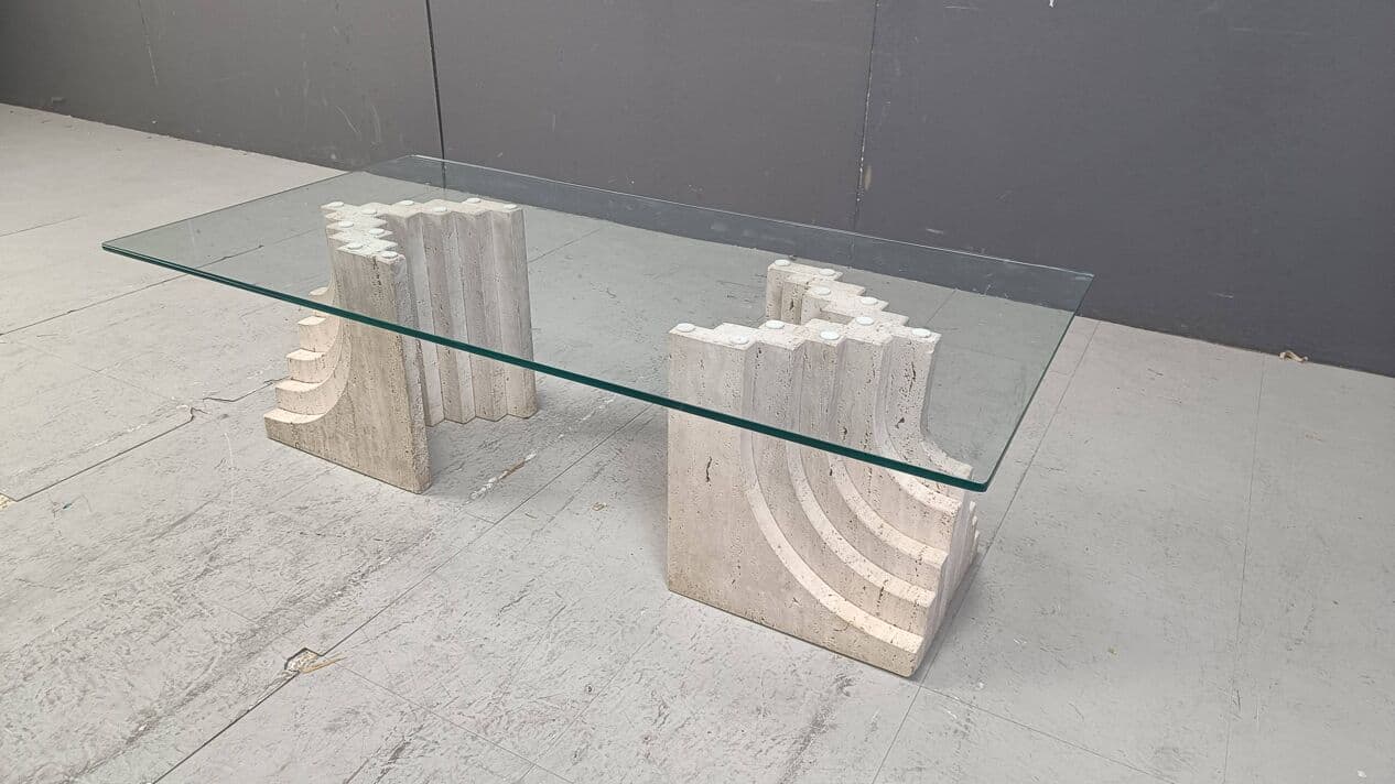 Coffee table, beige travertine, glass, Italy, 1970s. - 271832