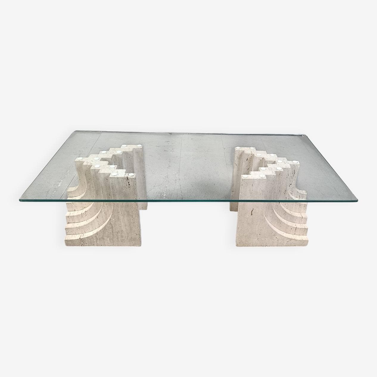 Coffee table, beige travertine, glass, Italy, 1970s. - 271825