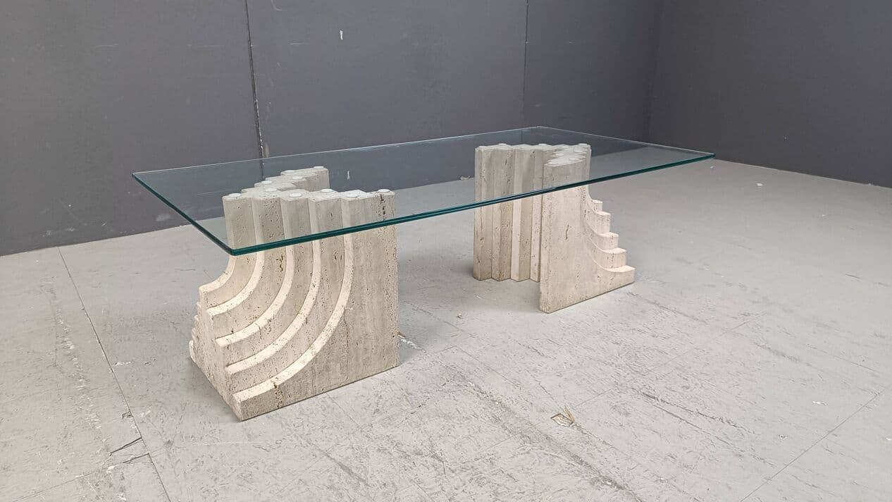 Coffee table, beige travertine, glass, Italy, 1970s. - 271829