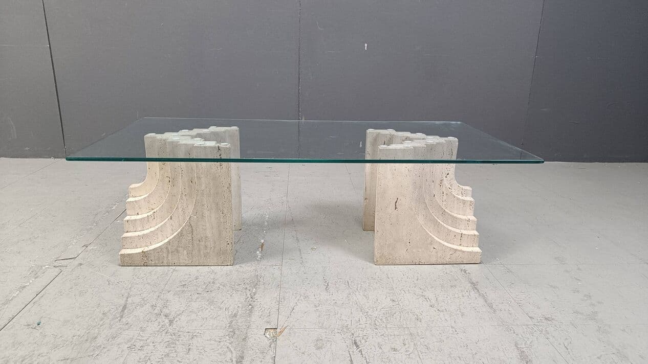 Coffee table, beige travertine, glass, Italy, 1970s. - 271823