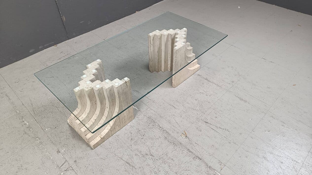 Coffee table, beige travertine, glass, Italy, 1970s. - 271828