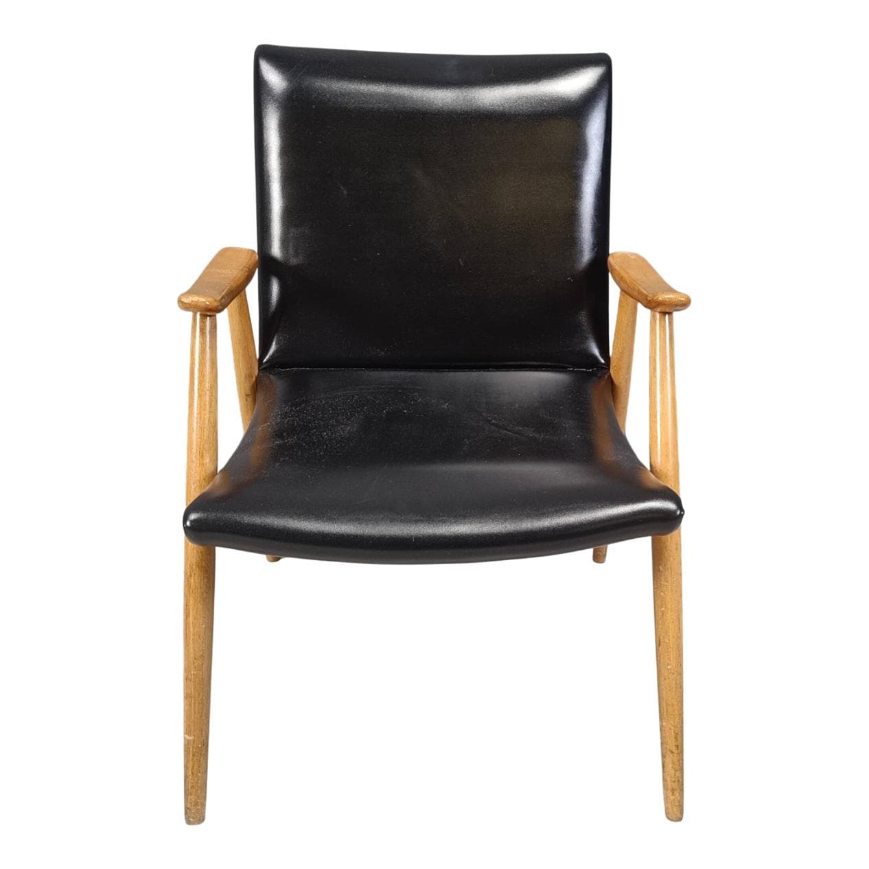 Fotel skandynawski, drewno jasne, ekoskóra czarna, Dania, lata 60.