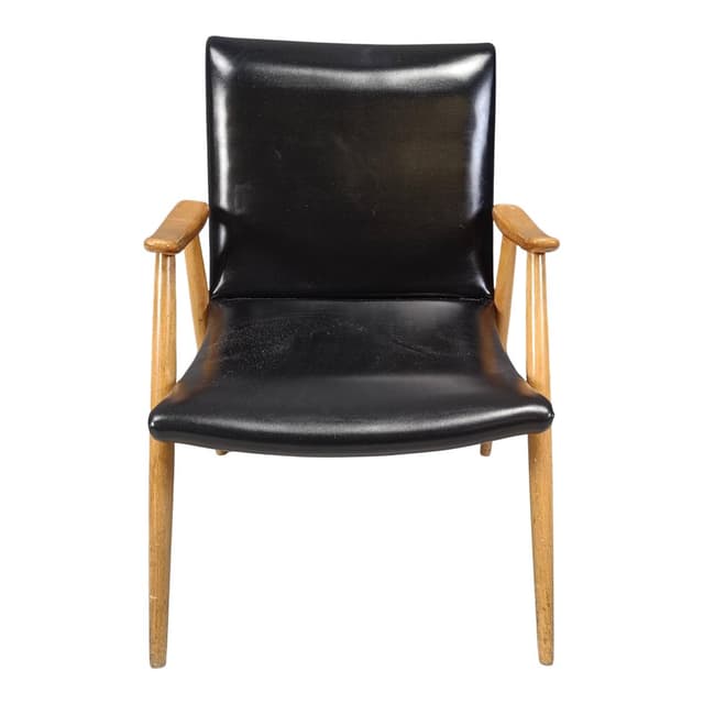 Fotel skandynawski, drewno jasne, ekoskóra czarna, Dania, lata 60. - WYMIARY